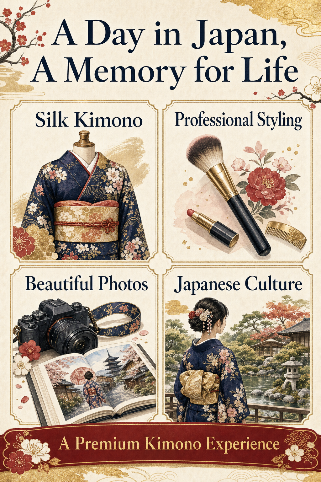 English visual showing a premium kimono experience as a memory for life