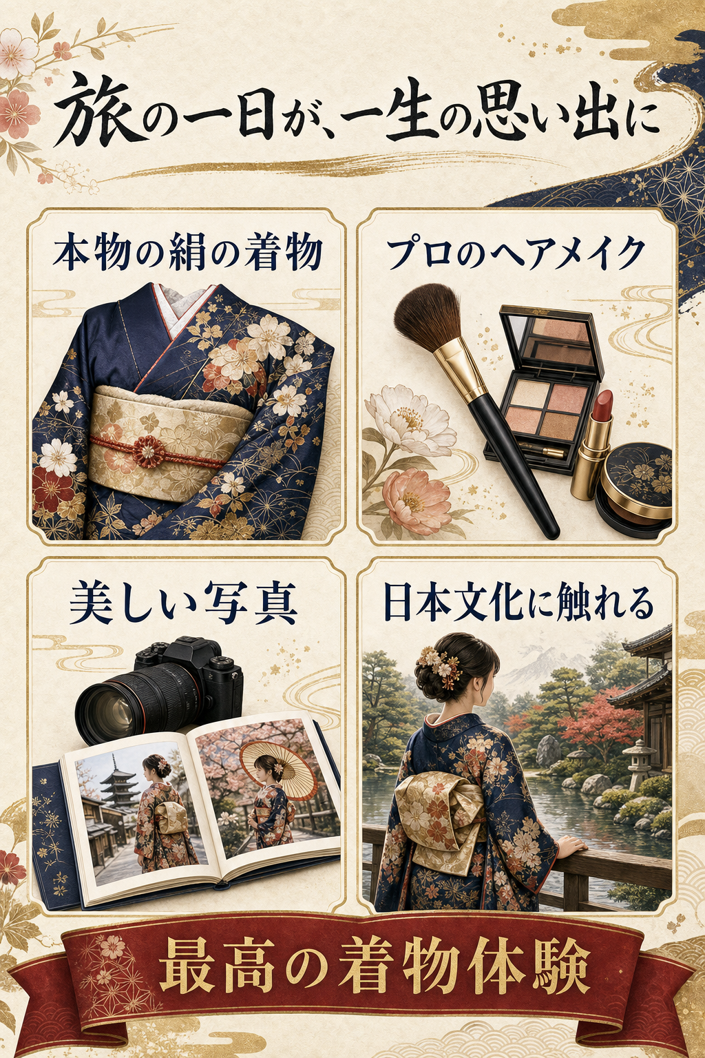 旅の一日が一生の思い出になるプレミアム着物体験の日本語図解