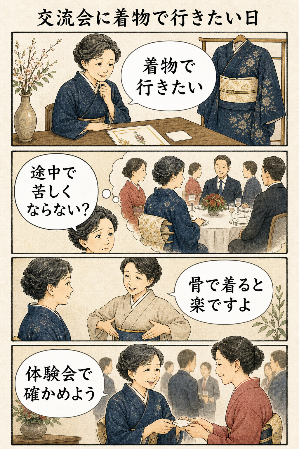 交流会に着物で行きたい女性の4コマ漫画