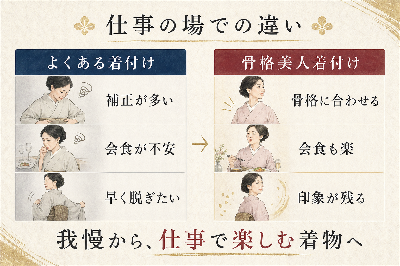 仕事の場での着付けの違いを説明する図解