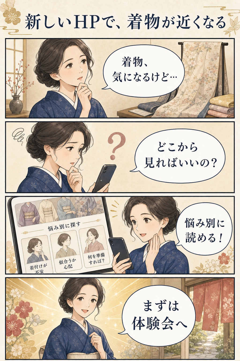 新しいホームページで着物が近くなることを伝える4コマ漫画