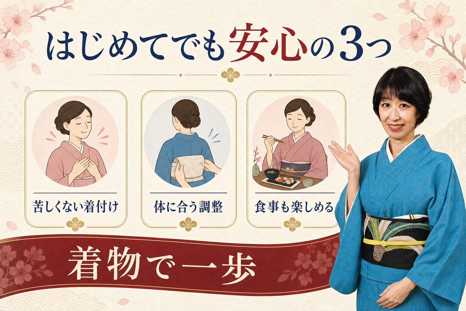 はじめてでも安心の3つを伝える着物体験の図解