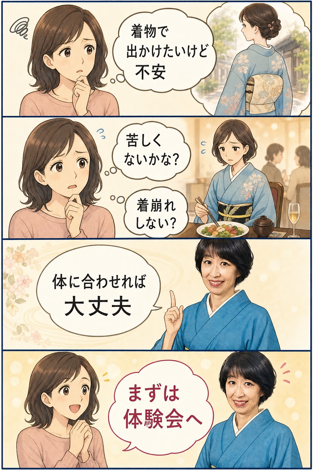 着物で出かけたいけれど不安な方へ関戸朋子さんが体験会を案内する4コマ漫画