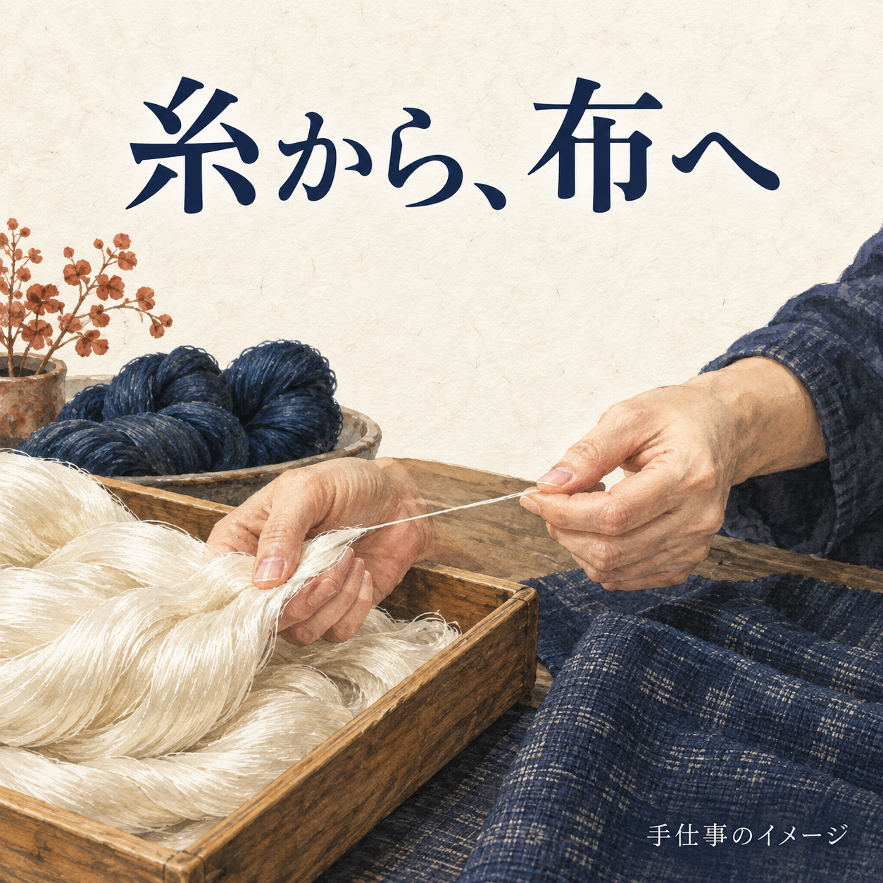 絹の糸を引き出す手元と藍色の布を描いた、手仕事の生成イラスト。