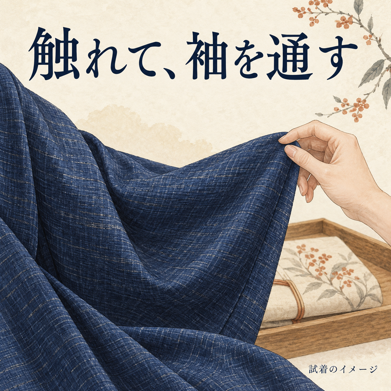 藍色の着物の袖に触れる手を描いた、試着をイメージした生成イラスト。